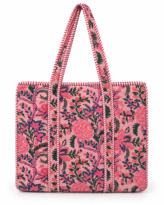 Jaipuri Hand Made Light Pink Base with Pink Floral Carry All Tote Bag 100% Cotton