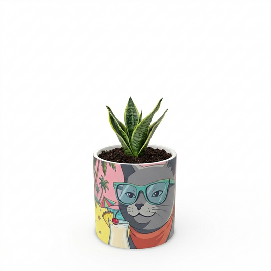 Ceramic planter with a cat design and a small plant on a white background