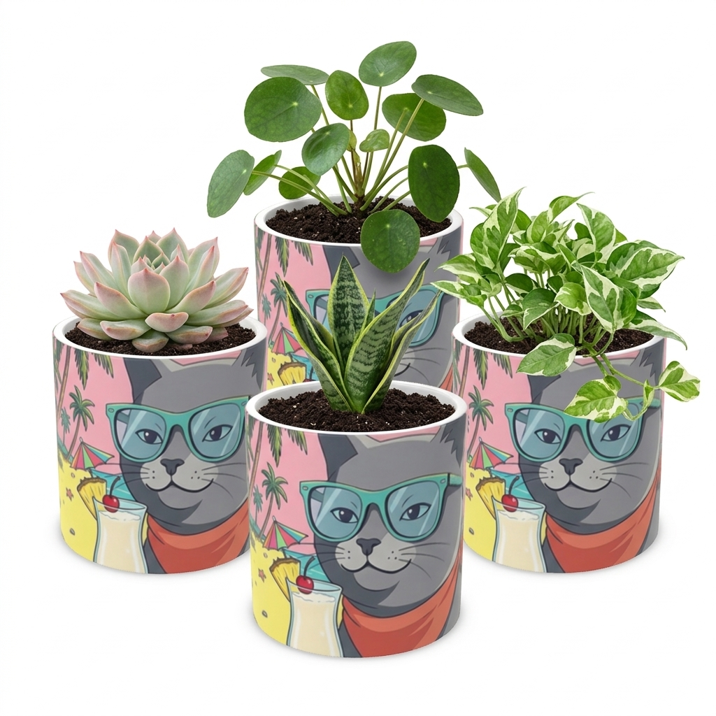 Set of four planters with cat designs on a white background