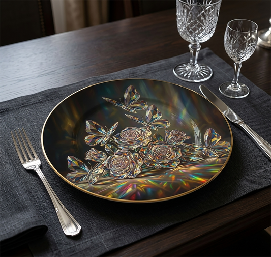 Decorative plate with floral design on a table setting with cutlery and glasses.