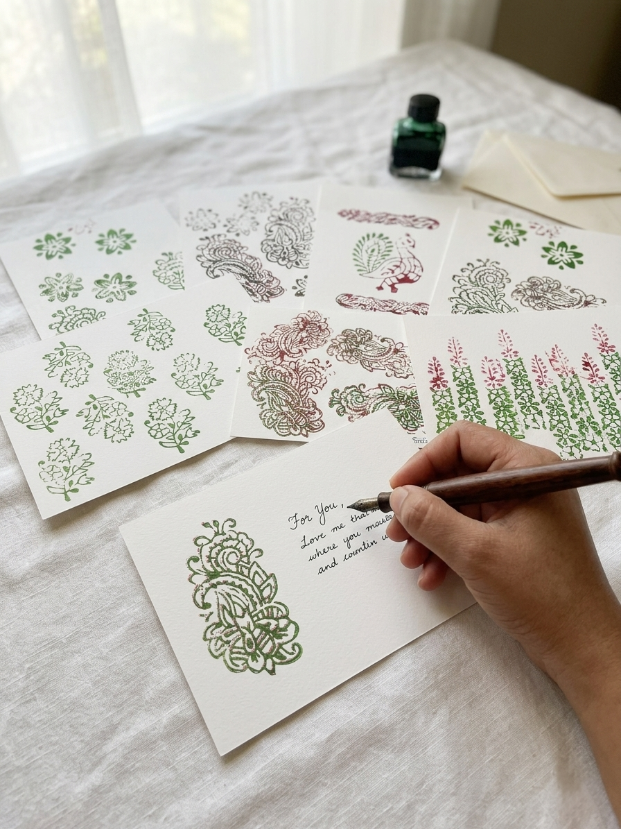 Hand writing on a card with ornate designs, surrounded by more cards with similar designs on a light surface.