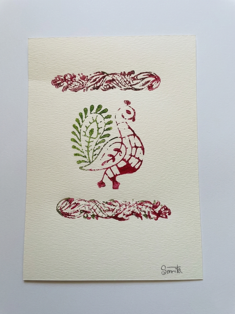Decorative card with a red and green design of a bird and leaves on a beige background