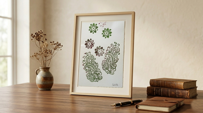 Framed floral artwork on a wooden table with a vase and books.