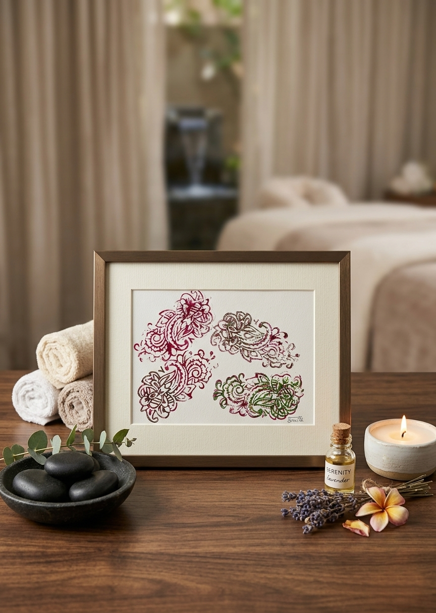 Framed artwork on a wooden table with spa elements like candles and towels.