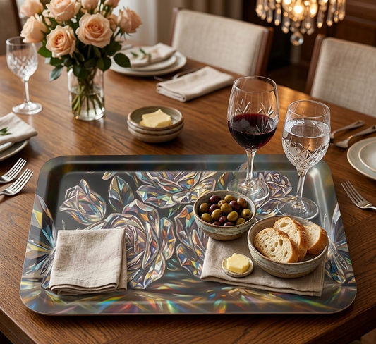 Dining table setup with a decorative tray, glasses of wine and water, bread, and olives.