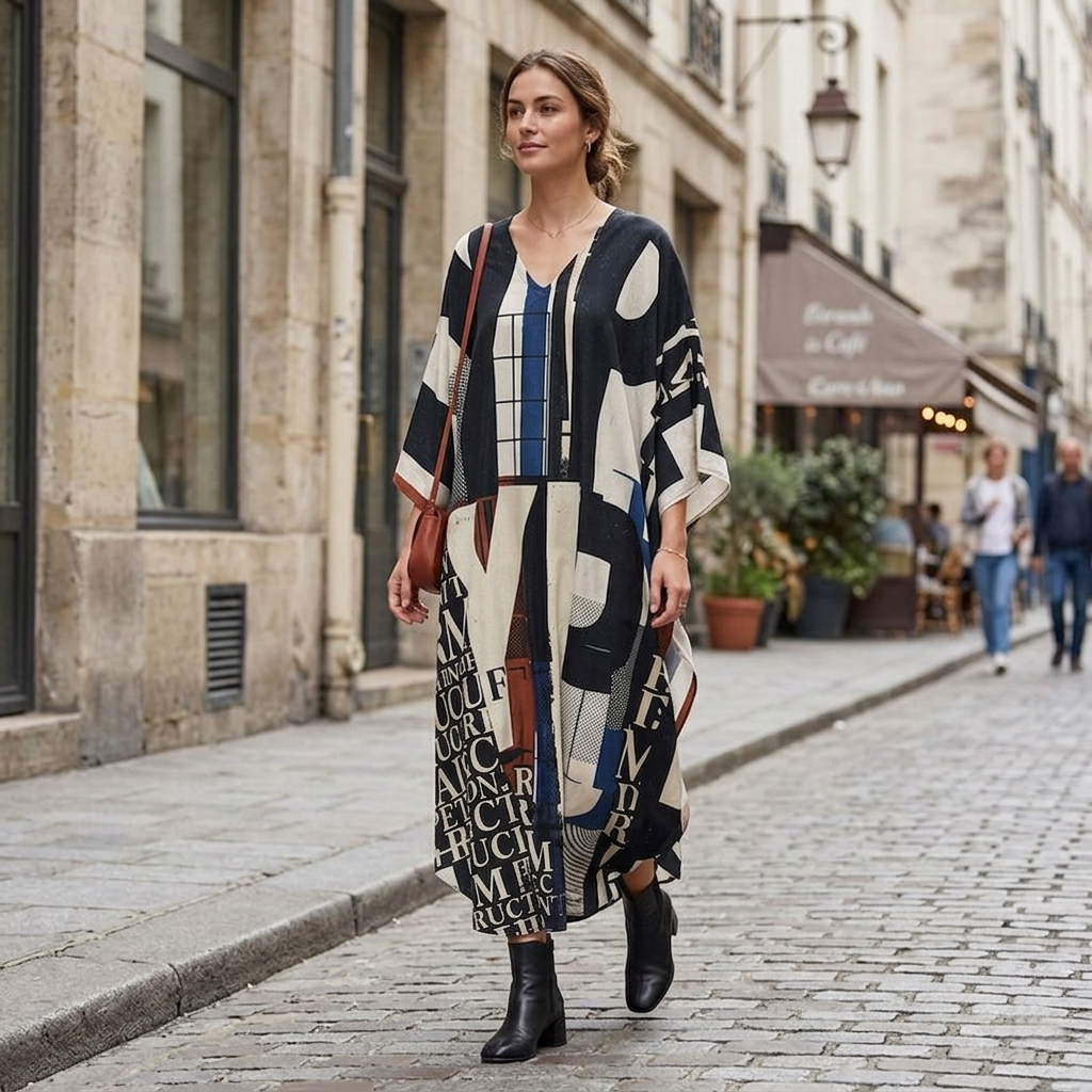 Woman in a patterned dress walking down a city street.