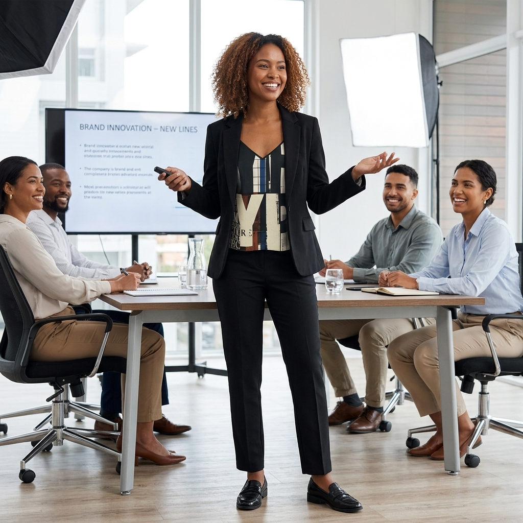 Woman giving a presentation to a group of people in a conference room.