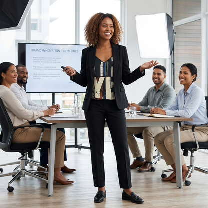 Woman giving a presentation to a group of people in a conference room.