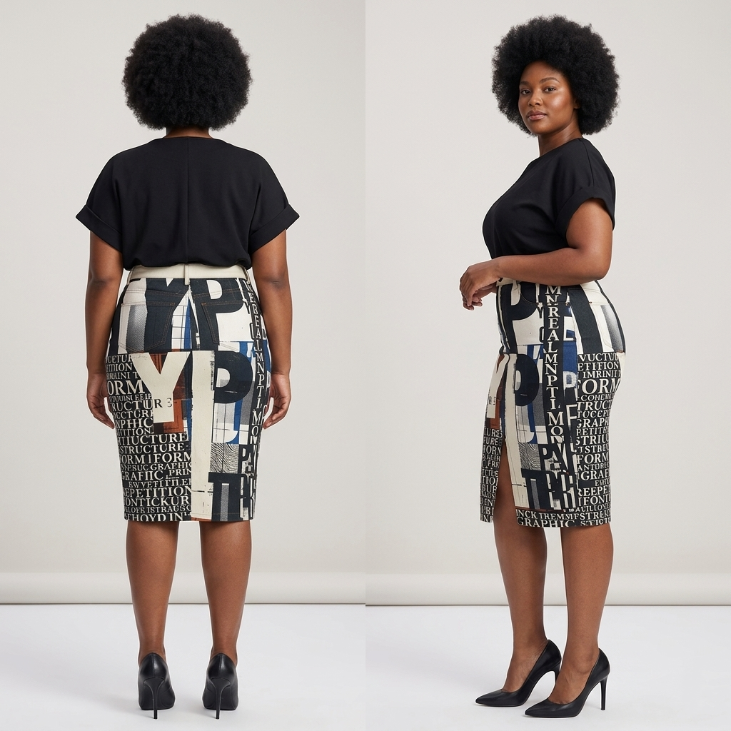 Woman wearing a black t-shirt and patterned skirt, standing back-to-front against a white background.