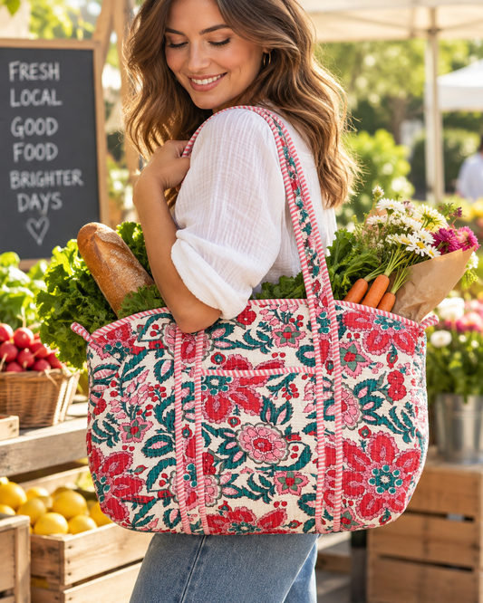 Jaipuri Hand Made White Base with Pink Floral Carry All Duffle Bag 100% Cotton
