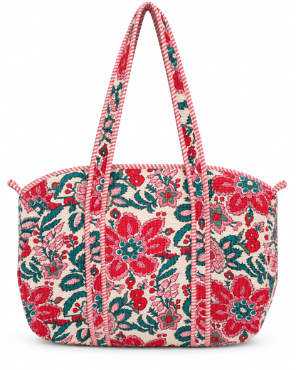Jaipuri Hand Made White Base with Pink Floral Carry All Duffle Bag 100% Cotton