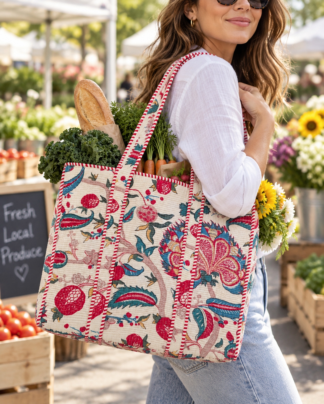 Jaipuri Hand Made White Base with Red Floral Carry All Tote Bag 100% Cotton