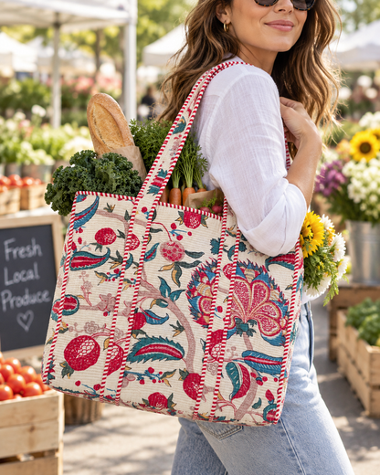Jaipuri Hand Made White Base with Red Floral Carry All Tote Bag 100% Cotton