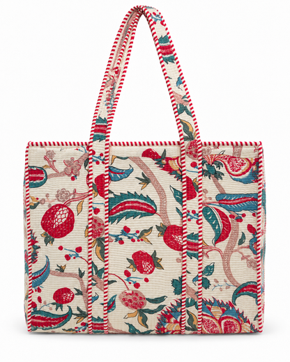 Jaipuri Hand Made White Base with Red Floral Carry All Tote Bag 100% Cotton