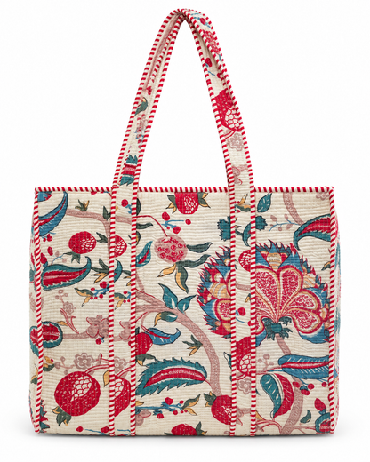 Jaipuri Hand Made White Base with Red Floral Carry All Tote Bag 100% Cotton