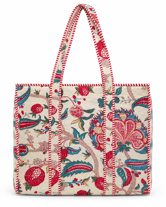 Jaipuri Hand Made White Base with Red Floral Carry All Tote Bag 100% Cotton
