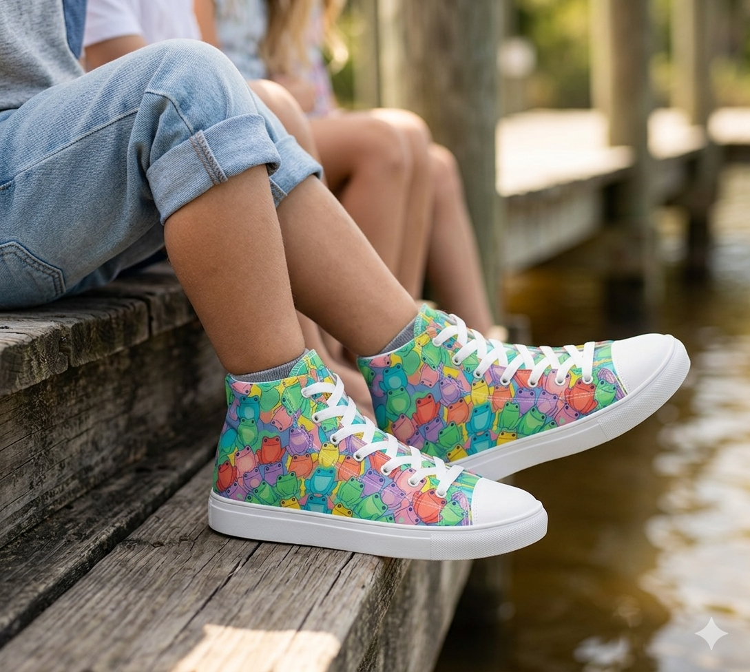 Colorful floral high-top sneakers worn by a person sitting on a wooden dock.